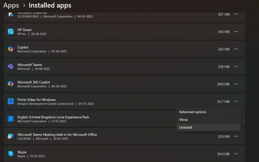 uninstall programs for windows 11