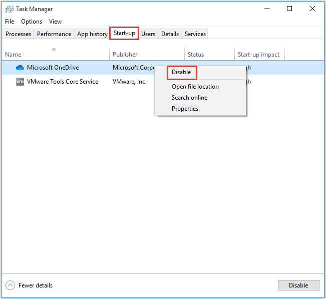disable start up