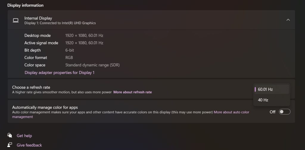 Adjust Refresh Rate in Display Settings