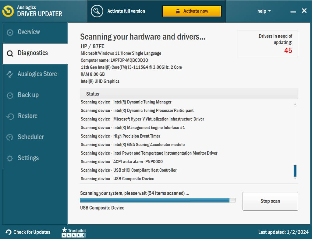  auslogics driver updater listing outdated drivers