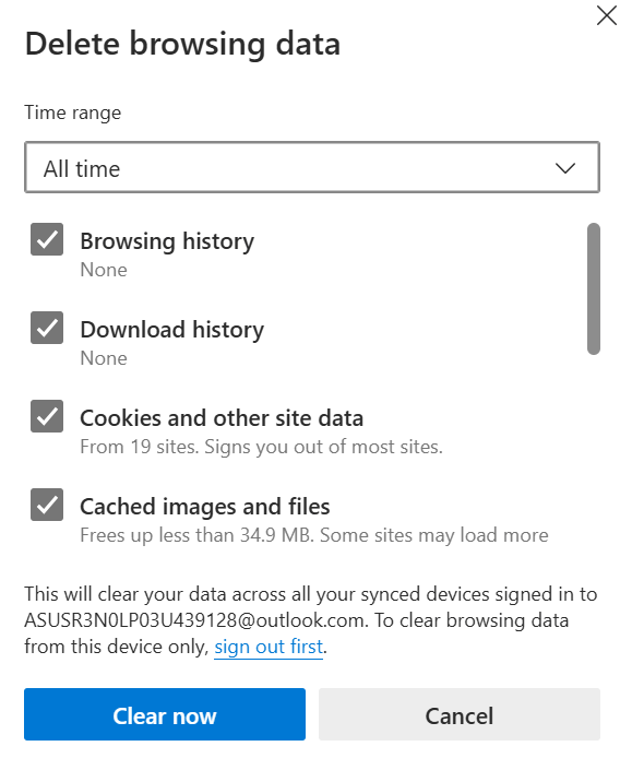 Clean cache and cookies from Microsoft Edge