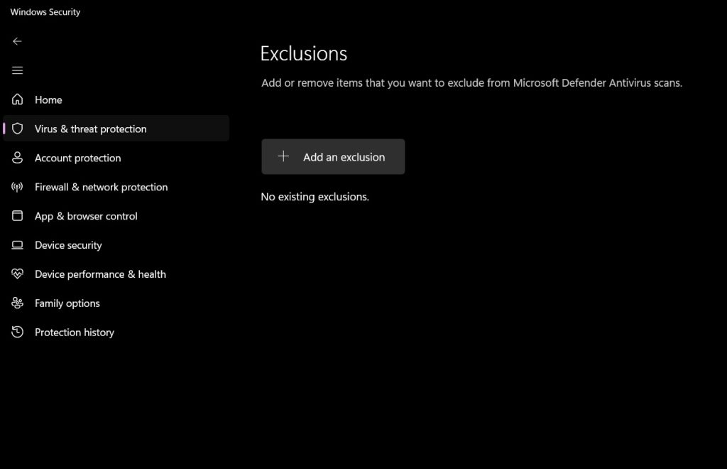 add exclusion windows defender