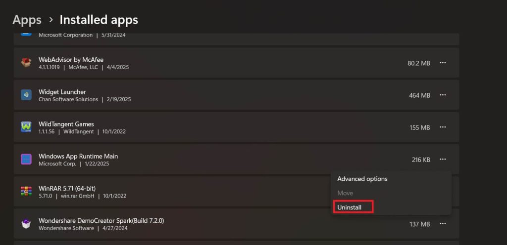 windows settings uninstall apps