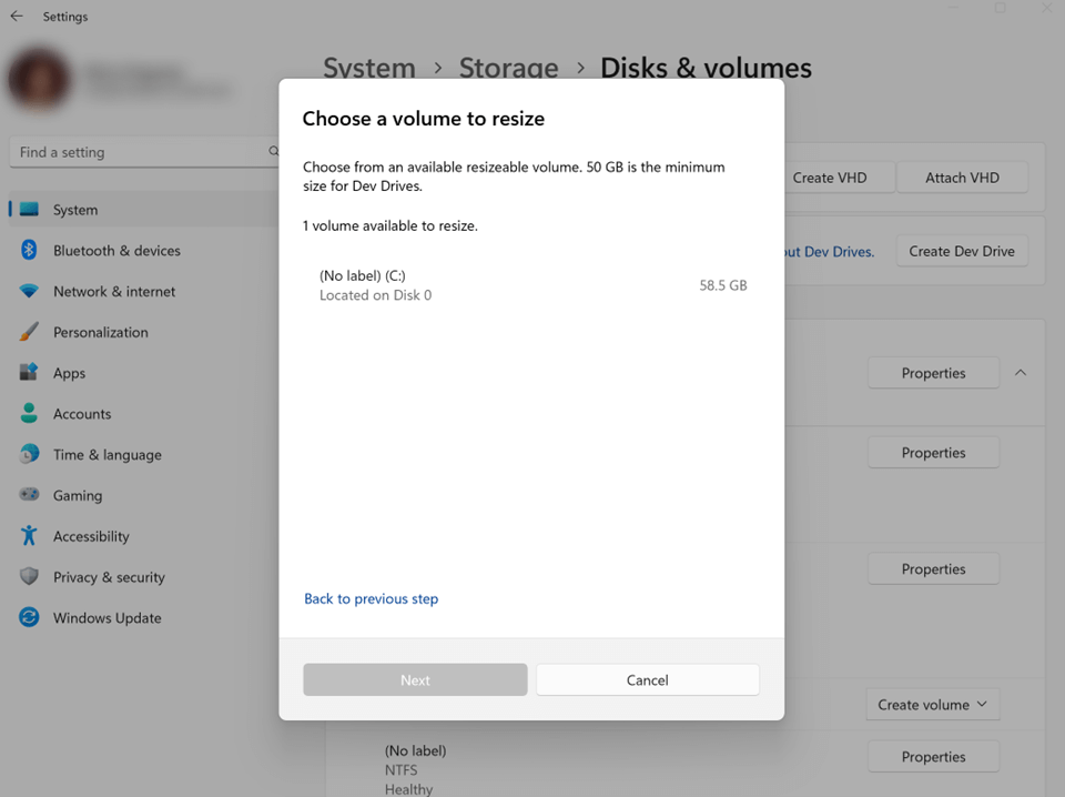 create new volume windows settings