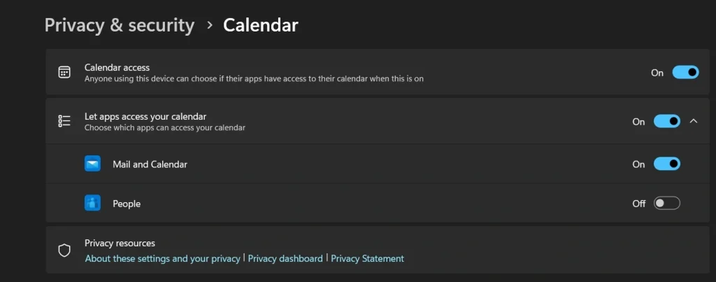 calendar permission controls windows 11