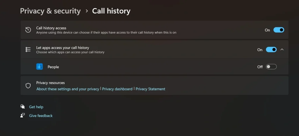 call history privacy setting