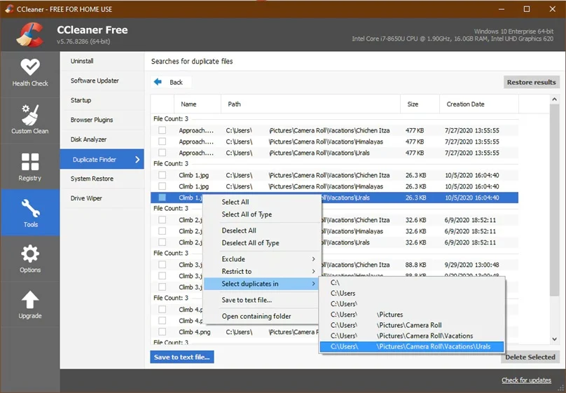 ccleaner select duplicate files in folder