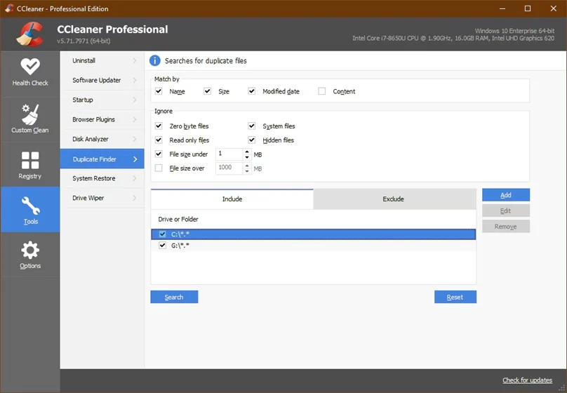 ccleaner tools duplicate finder