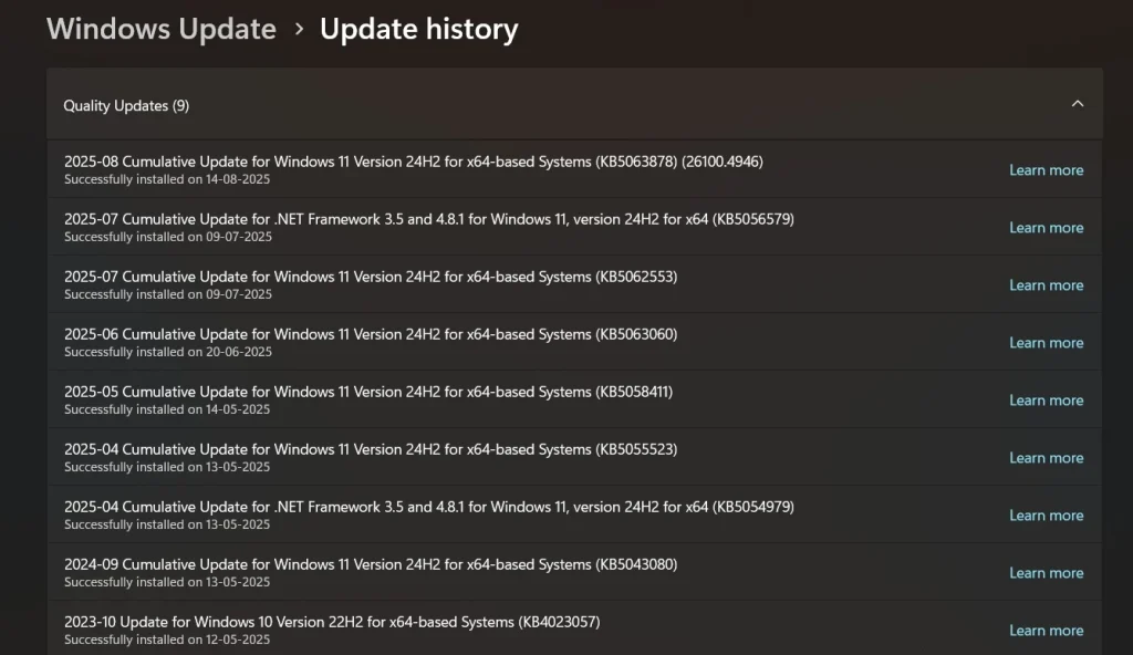 find windows update history
