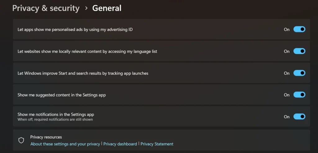 general privacy settings