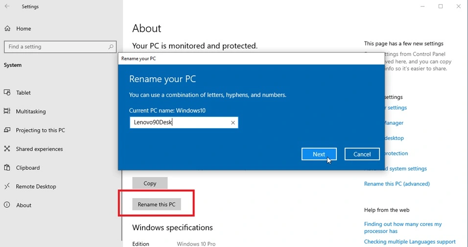 rename pc windows 10