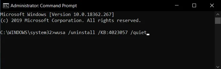 uninstall windows update via command prompt