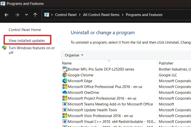 uninstall windows update via control panel