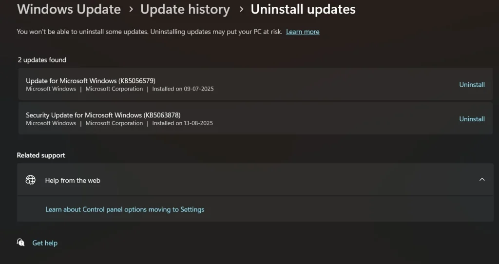 uninstall windows update via settings