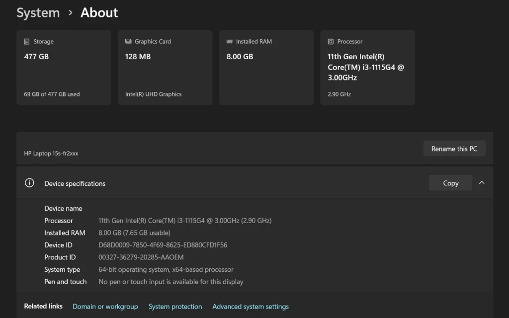 windows 11 pc about page