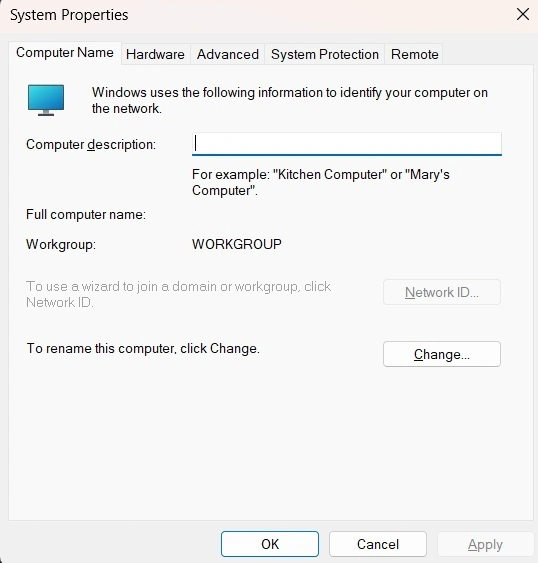windows system properties window