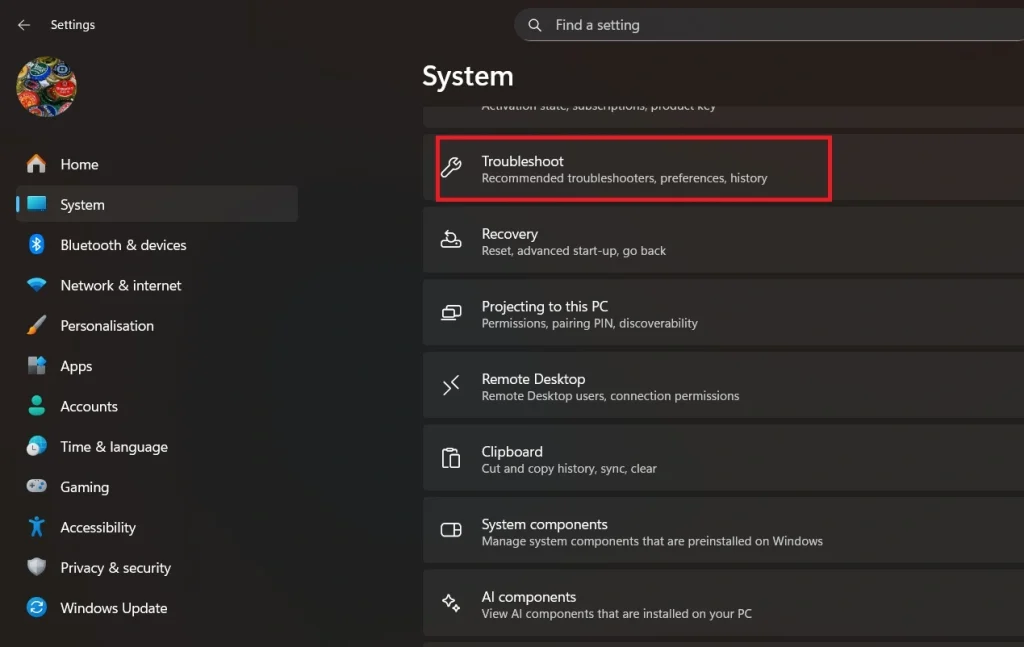 Windows Settings System Troubleshoot