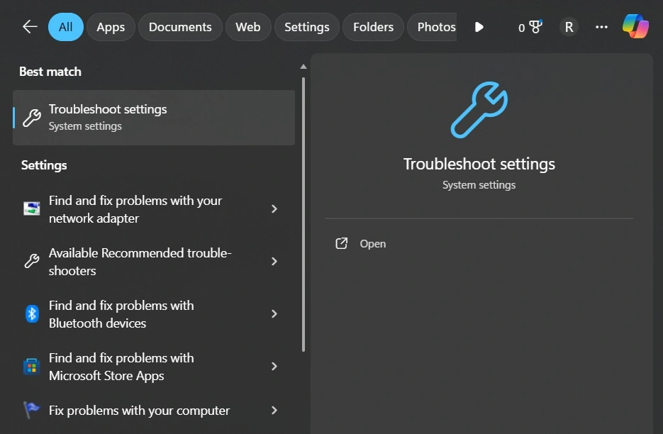 run troubleshooter using quick access