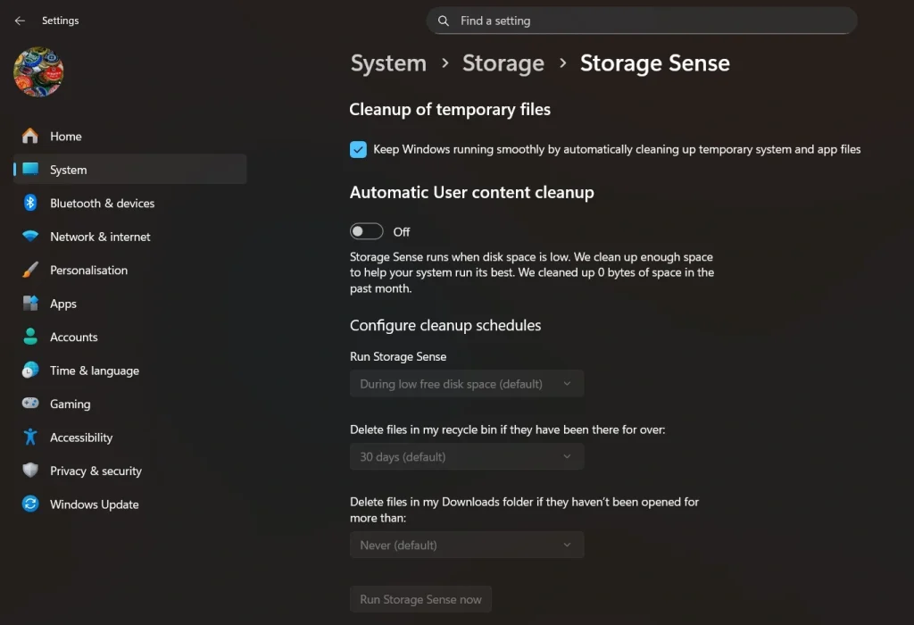 turn on storage sense